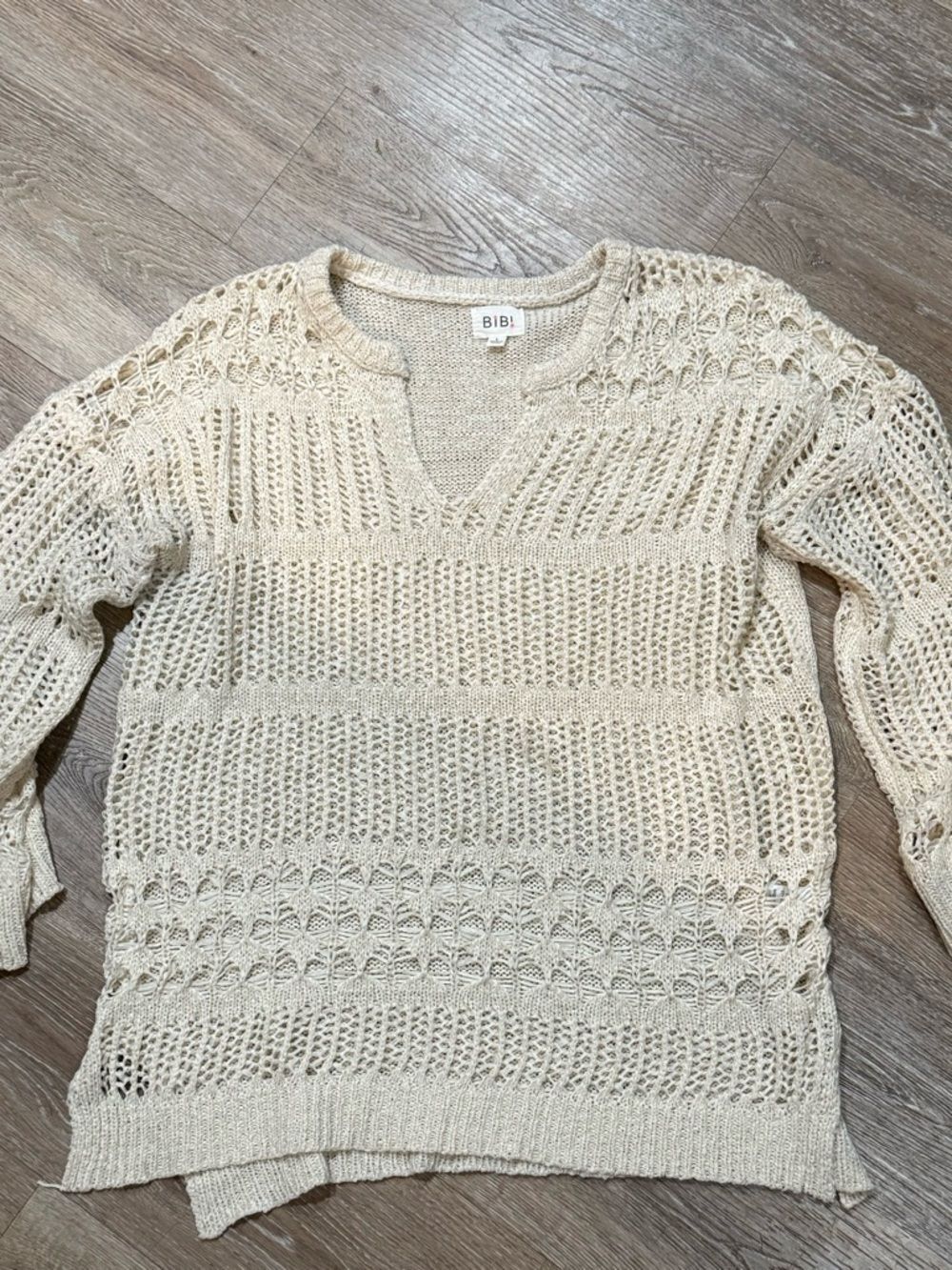 BiBi Cream Open-Weave V-Neck Pullover